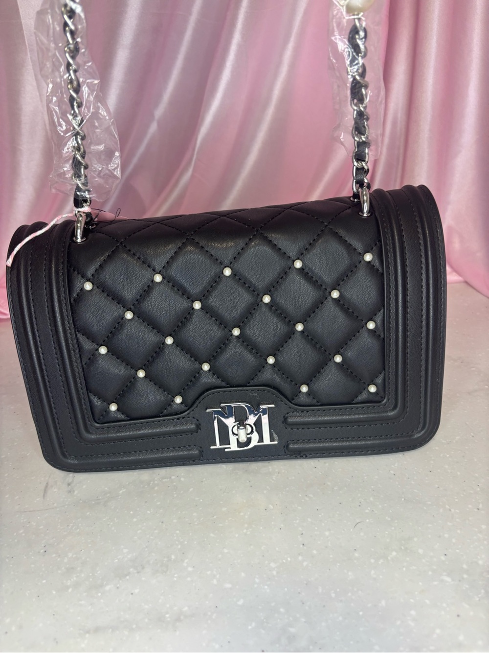 Valentino Orlandi Black Quilted Pearl-Stud Shoulder Bag